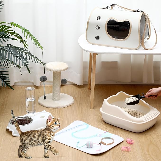 Eccliy Kitten Starter Kit, 10 Pcs Cat Starter Kit for Indoor Cats Kitten Essentials Includes Litter Box, Pet Toy, Folding Carrier, Climbing Frame, Mat, Collar, Automatic Food Bow (Cute,White)
