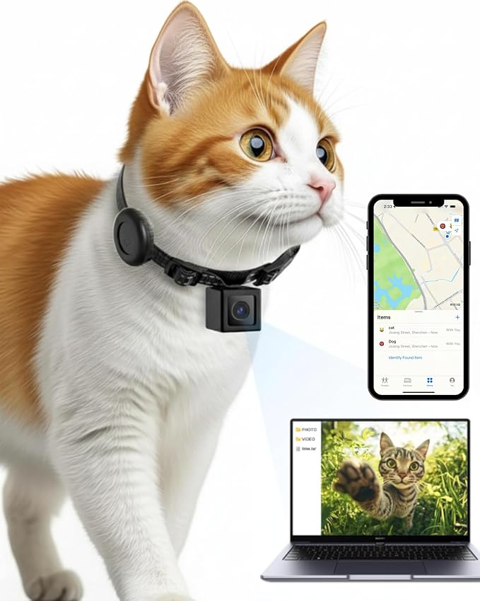 Cat Camera Collar with Tracker Tag, 1080P HD Video Recording Pet POV Cam, NO WiFi NO APP, Body Camera for Cat/Dog Tracking (No Micro-SD Card Included)