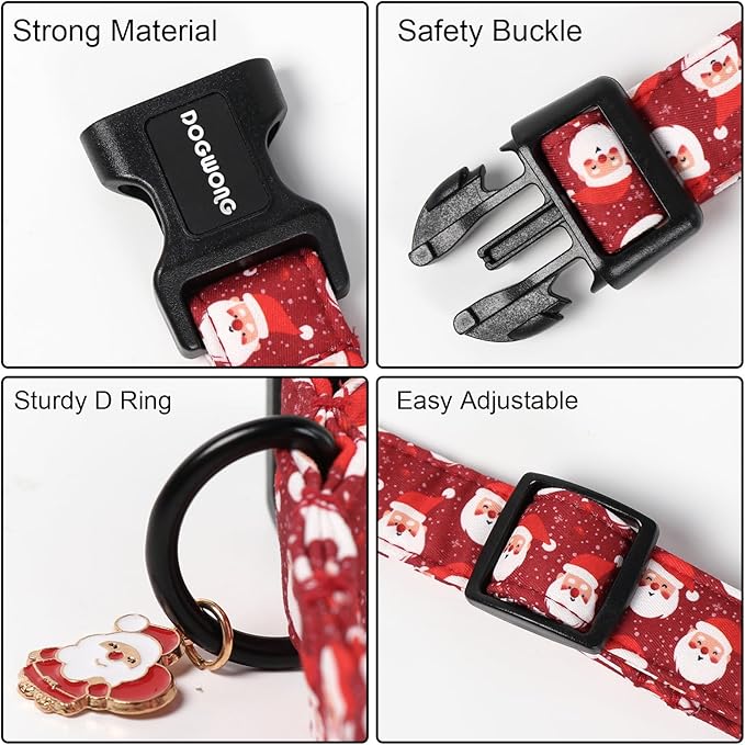 DOGWONG Christmas Dog Collar, Red Santa Claus Print Cute Dog Collars Winter Holiday Male Female Adjustable Dog Collar for Medium Large Dogs