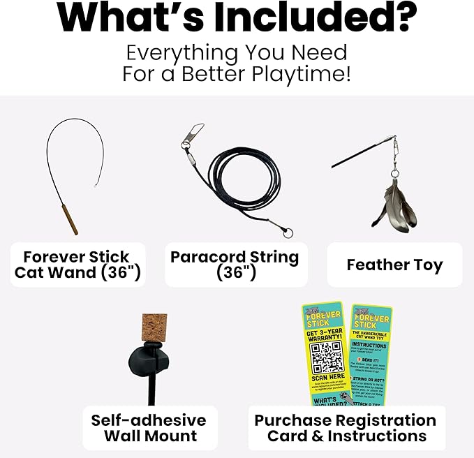 Forever Stick - The Unbreakable Cat Wand Toy, Extra Long Durable Cat String Toy for Indoor Cats, Cat Fishing Pole Toy for Bored Indoor Adult Cats, Feather String Toy On Stick Enrichment