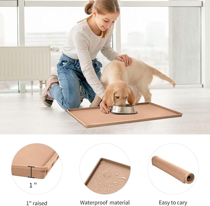 Dog Food Mat,Silicone Waterproof Food Tray,Non Slip Pet Bowl Mats Placemat,1" Raised Edge,Suitable for Most Small and Medium Sized Pets,32" x 24"