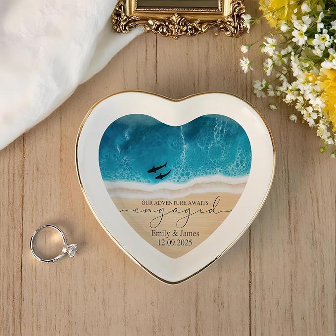 Personalized Beach Ring Dish Engagement Gift, Our Adventure Awaits Engaged Trinker Holder, Jewelry Tray Gifts for Newly Engaged Couple, Anniversary Wedding Gift for Her Bride