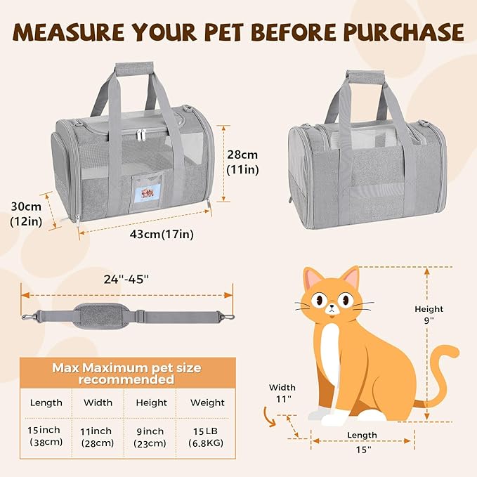 Cat Carrier Soft for Pets Up to 15 Lbs, Cat Travel Bag with Padded Shoulder Strap and Detachable Cat Food Bowl, Pet Dog Carriers for Small Dogs Travel Puppy Carry Airline Approved, Grey