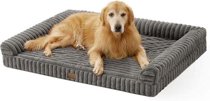 Cute Dog Bed for Extra Large Dogs, Faux Rabbit Fur Orthopedic Foam Dog Bed with Sides, Removable Washable Cover & Waterproof Lining, Comfortable Pet Couch, Grey (48" L x 35" W x 7.5" Th)