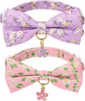 2 Pack Floral Cat Collars with Bow Tie and Bell Adjustable Breakaway Bowtie Cute Kitten Collar(Purple & Pink Flowers)