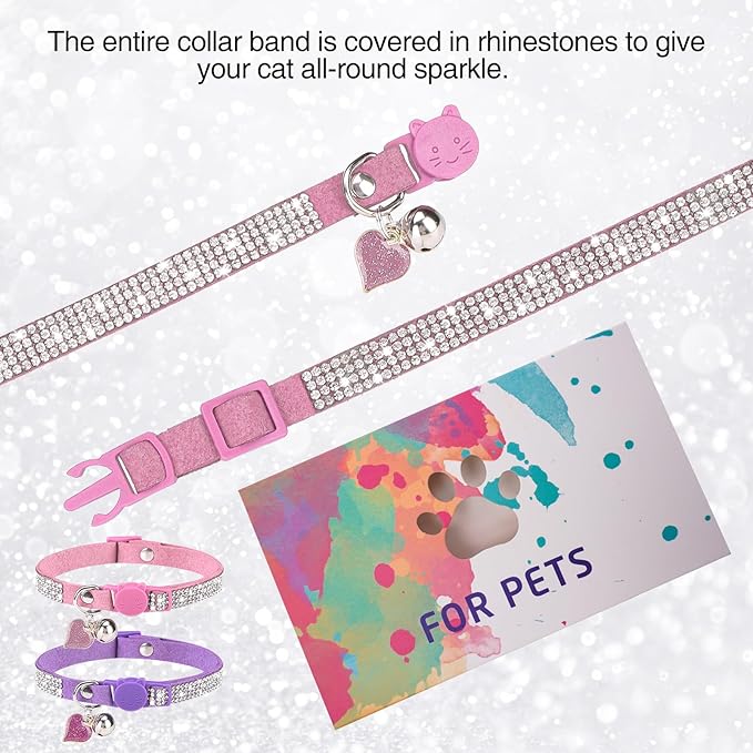 Rhinestone Cat Collar Breakaway with Bell, Diamond Cat Collar with Safety Buckle Quick Release for Girl Boy Small Kitten Pets Puppy,Cute Soft Female Male Cat Collars,Color Pink & Purple 8-12"
