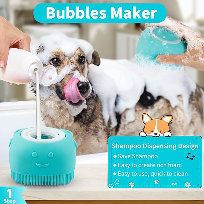 Comotech 3-in-1 Dog Grooming Brush | Adjustable Handle Shampoo Brush & Scrubber for Short & Long Haired Dogs & Cats (Blue Pink Blue)