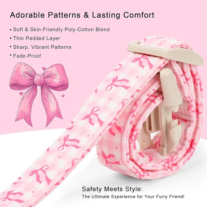 Girl Dog Collar for Large Dogs - Cute Pink Plaid & Bow Print Spring/Summer Puppy Collar, Soft Adjustable Holiday Female Dog Collars with Quick Release Buckle L