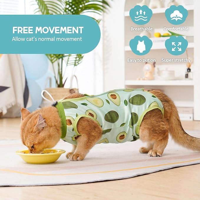Avont Cat Recovery Suit - Kitten Onesie for Cats After Surgery, Cone of Shame Alternative Surgical Spay Suit for Female Cat, Post-Surgery or Skin Diseases Protection -Avocado(S)