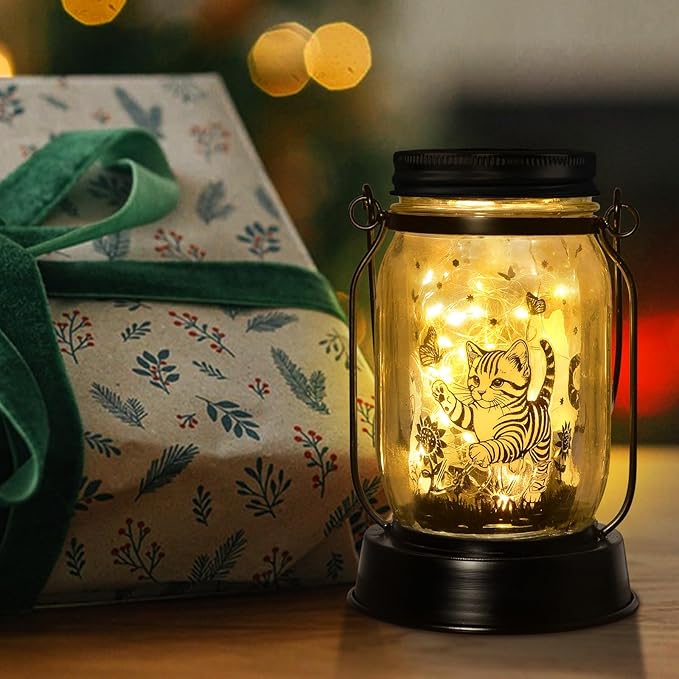kyoryuger Cat Gift for Women Cat Gifts Solar Lantern, Cat Solar Lights Outdoor Cat Lover Gifts for Women Men Cat Lovers Gifts Hanging Cat Lanterns for Yard Garden Decor Waterproof Lantern Torches