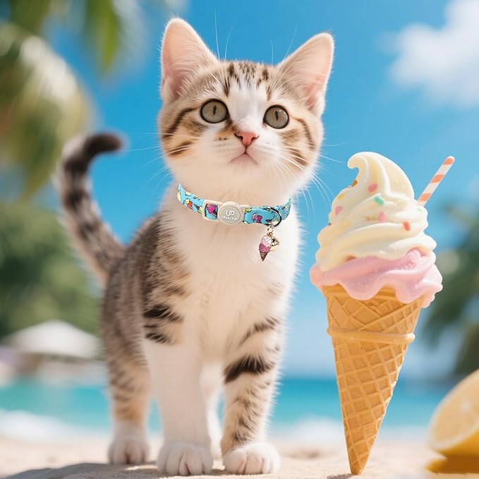 Cat Collar, 2Pack Summer Kitten Collars-Breakaway Kitty Collars-Cute Dinosaur and Icecream Pendants,Cat Collar with Bell, for Girl & Boy Cats
