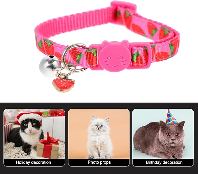Mipcase Strawberry Printing Cat Collar with Bell Lightweight Adjustable Pet Collar for Festival Party Decoration
