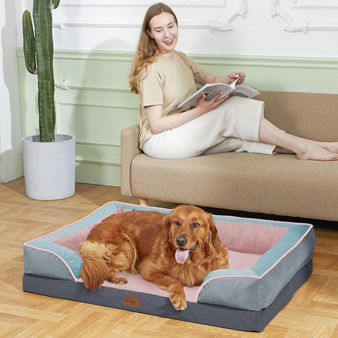 Comfort Expression Orthopedic Dog Bed for Extra Large Dogs 42x30 Inch, Waterproof Egg Crate Foam XL Pet Bed with Removable Bolsters, Dog Couch with Washable Cover & Non-Slip Bottom, Cherry Blossom