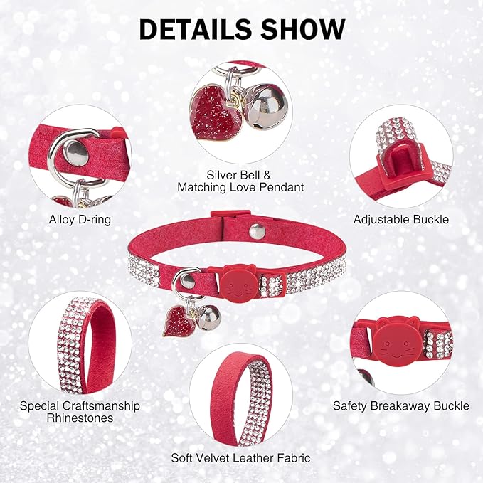 Rhinestone Cat Collar Breakaway with Bell, Diamond Cat Collar with Safety Buckle Quick Release for Girl Boy Small Kitten Pets Puppy,Cute Soft Female Male Cat Collars, Color Red 7-9"