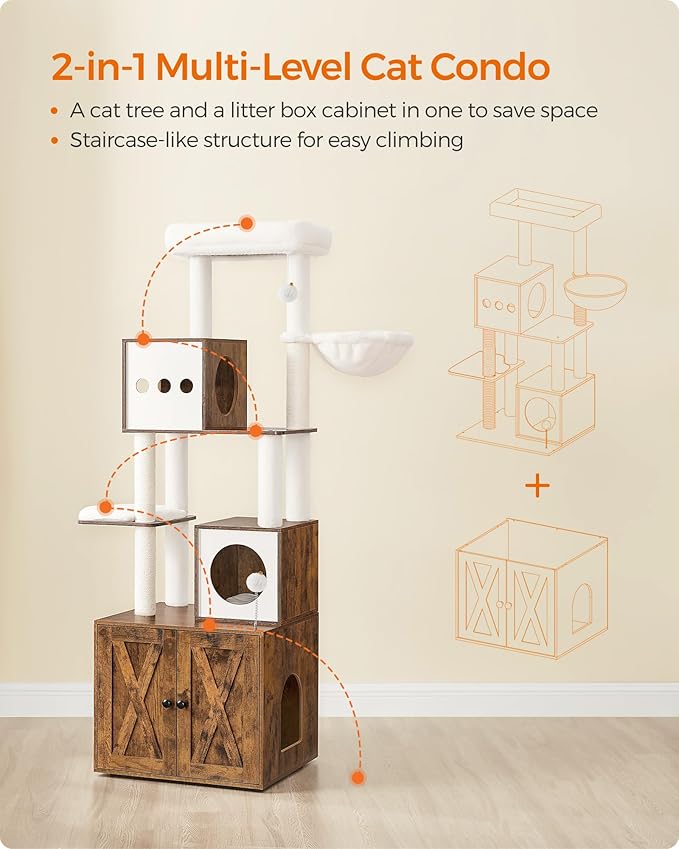 Feandrea Cat Tree with Litter Box Enclosure, 70.1-Inch Tall Cat Tower, 2-in-1 Modern Condo with Scratching Posts, Perch, Caves, Basket, Washable Cushion, Rustic Brown UPCT116X01