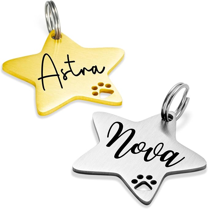Ultra Joys Dog Tags Personalized for Pets - Hollow Paw Custom Pet ID Tag - Engraved Dog Tag for Small, Large Dogs - Small Star in Gold