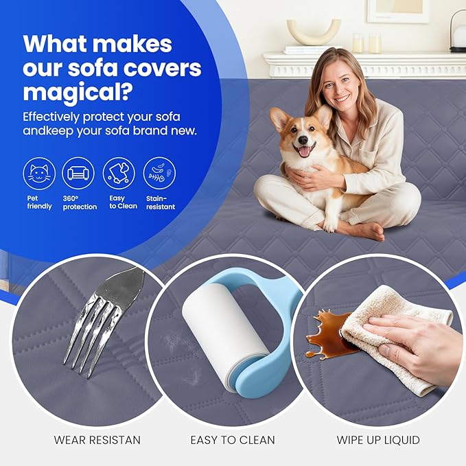 Waterproof Couch Covers for Pets, Waterproof Dog Bed Cover, Anti-Slip Soft Dog Blankets, Couch Cover for Dogs Washable, Pet Blanket for Puppy Large Dogs Cat (82x102 Inch, Grey Blue)