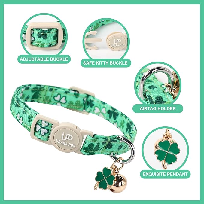 2Pack St. Patrick's Day Cat Collars, Spring Green Shamrock Cat Collars with Safety Buckle for Cats