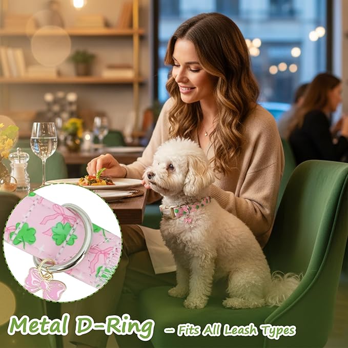 St. Patrick's Day Dog Collar,Pink Bow with Green Clover Puppy Collar,Adjustable Spring Cotton Collars Gifts for Small Medium Large Dogs,Dog Accessories S