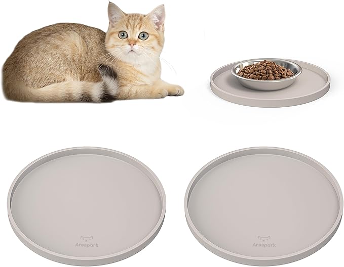 Arespark Cat Food Mat, Set of 2 Nonslip Waterproof Feeding Bowl Silicone Mats with Raised Edges for Food Water Prevent Spills, Round Eating Plates Tray for Dog Cat Puppy Kitten, 8'' x 8''