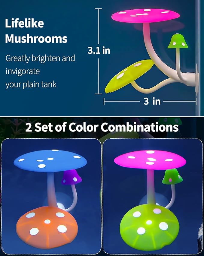 Uniclife Betta Mushroom Hammock Soft Aquarium Rest Bed Fish Breeding Playing Pad with Suction Cup Silicone Ornament Decoration Colorful Lifelike Decor for Fish Tank Landscape, 2 Pack