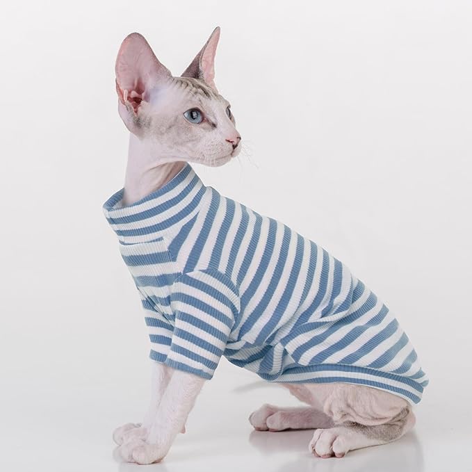 PUMYPOREITY Sphynx Cat Clothes - Soft Hairless Shirt With Sleeves, Stretchy Sweater, Pullover Pajamas Jumpsuit, Turtleneck Outfit for Sphynx Cornish Rex, Devon Rex - Blue, XL