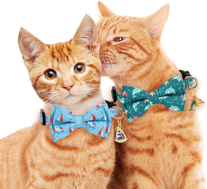 2 Pack Breakaway Cat Collar with Removable Bow Tie and Bell for Boy Girl Cats,Cute Cotton Kitten Collar with Purple Lavender and Red Flower Pattern for Female Male Cats (Dolphin&Sailboat)