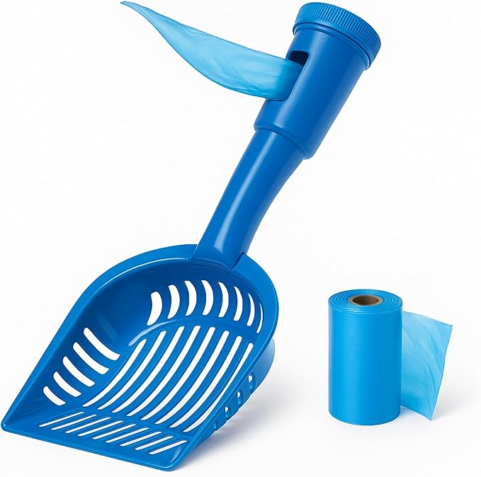2-in-1 Pooper Scooper with Bag Attachment, Cat Litter Shovel Scoop with Bag, Built-in Dispenser, Includes Trash Roll, Rinse-Clean, Anti-Stick, Smart Sifter, Long Handle (Blue)
