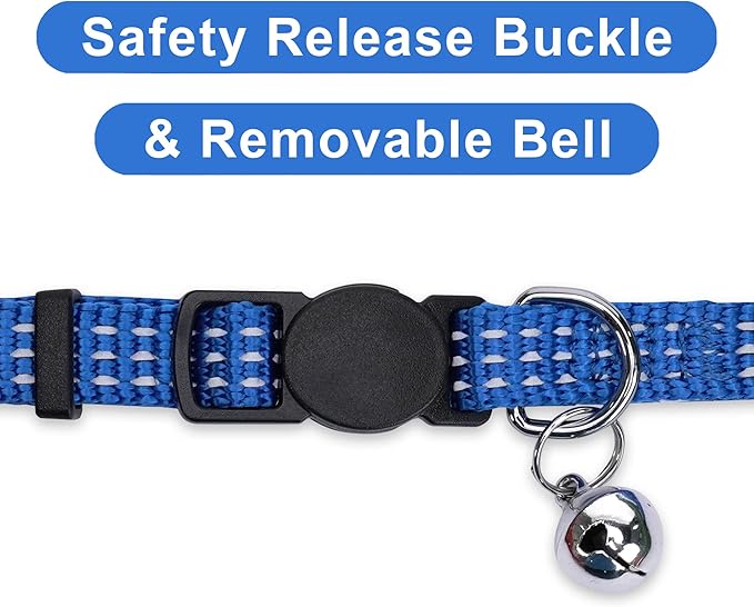 Pawtitas Reflective Blue Cat Collar with Safety Buckle and Removable Bell for Kitten and Cats