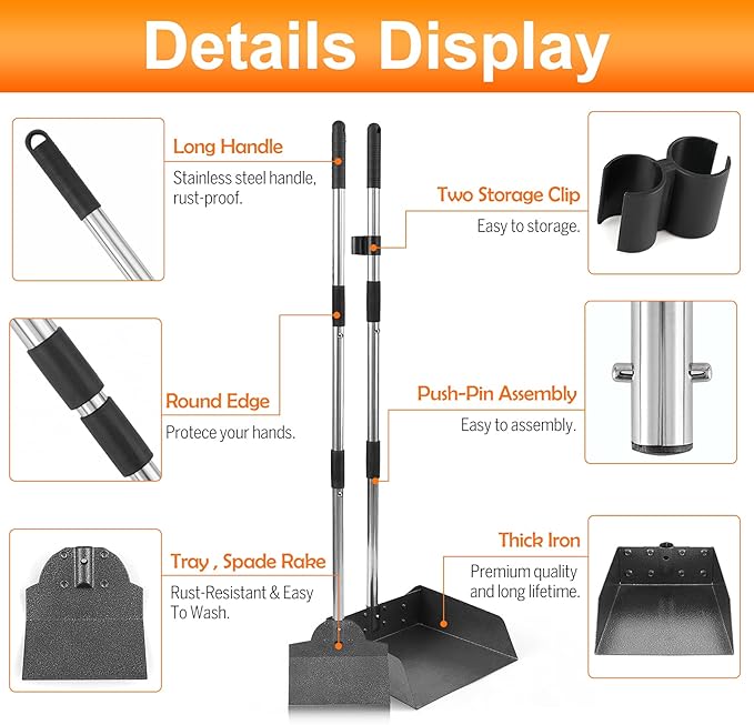 Pooper Scooper, Metal Aluminum Tray and Spade Poop Scoop Set with Adjustable Stainless Steel Long Handle, Pet Waste Removal Heavy Duty Poop Scooper (Tray&Spade, Medium)
