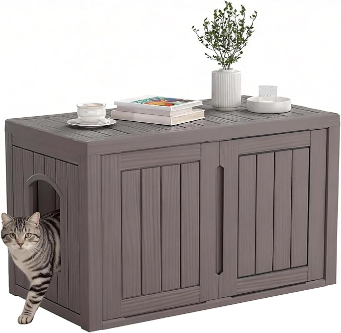 Cat Litter Box Enclosure, Hidden Enclosed Litter Box Furniture with Adjustable Partition, Multi-Functional Outdoor Cat House, Side Table, Easy to Clean, Dark Gray