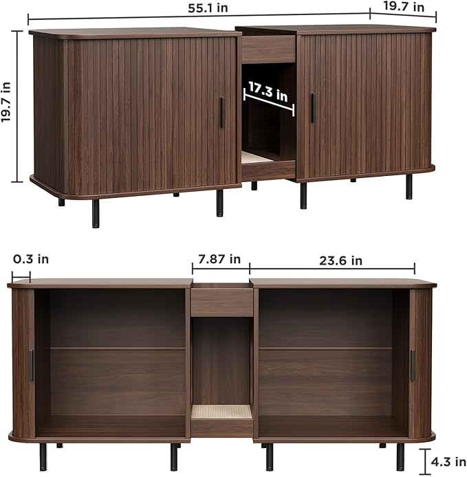 Double Litter Box Enclosure for 2 Cats, 55" Litter Box Furniture Hidden with Cat Scratch Pad, Large Indoor Cat House with Double Room, Wooden Litter Box Cabinet, TV Stand, Walnut