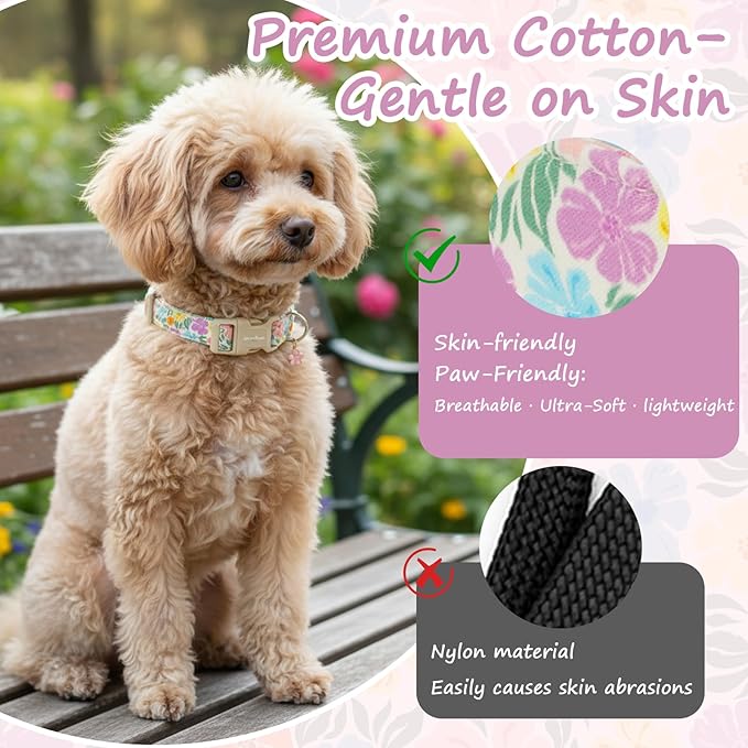 Cotton Dog Collar with Colorful Flowers for Spring Summer, Adjustable Puppy Dog Collars for Small Medium Large Dogs, Cute Girl Boy Dog Collar Ideal for Gifts,Pet Accessory,XS