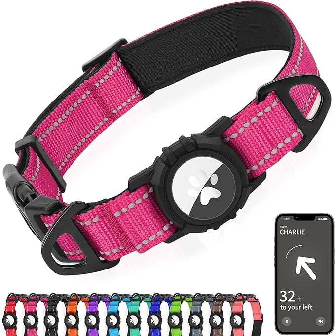 Joytale Airtag Dog Collar, Reflective Pet Collar with Waterproof AirTag Holder, Dual D-Rings, Soft Padded Adjustable for Extra Large Dogs, Hotpink, XL