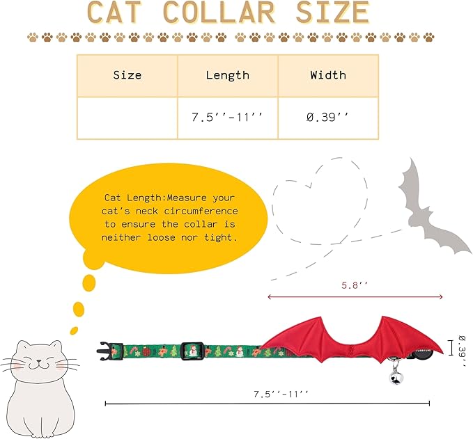 1 PC Bat Wing Cat Collar with Bell, Adjustable Kitten Collar with Safety Breakaway Buckle for Boy&Girl Cats, Halloween Christmas Cat Accessories for Kitten Puppy