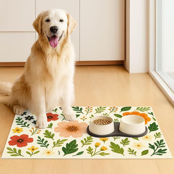 Trendy Flower Pattern Pet Feeding Mat Spill-Proof Feood Pad for Food and Water Bowls Non-Slip Placemat for Pet Areas Easy Clean Fast Dry Mat for Cats Kittens & Small Dogs 20" x 12"