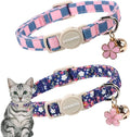 2 Pack Flower Cat Collars Breakaway with Bell, DOGWONG Safety Buckle Blue Plaid Cute Cat Collar for Girl Boy Cats，Adjustable 7-12 Inch