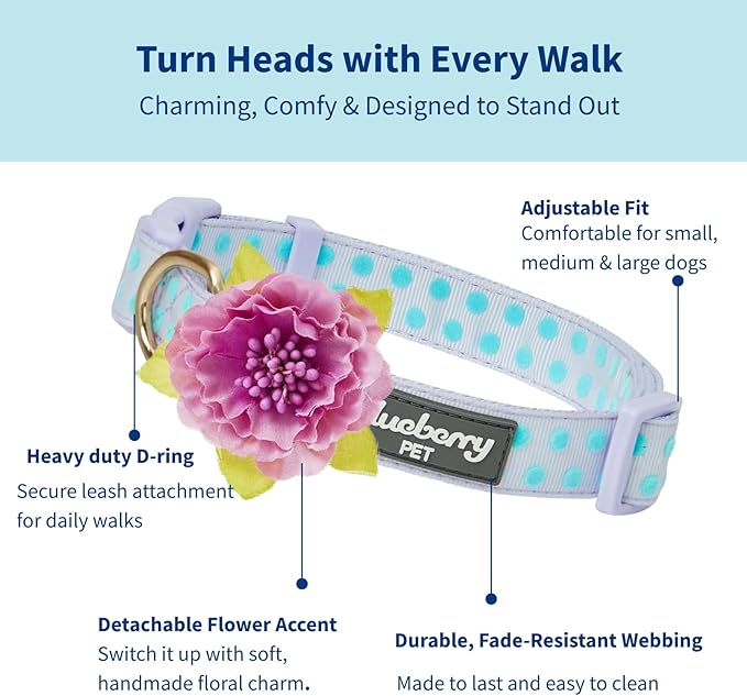 Blueberry Pet Adjustable Flocking Dog Collar with Artificial Silk Flower - Polka Dot in Pastel Purple, Large, Neck 18"-26"