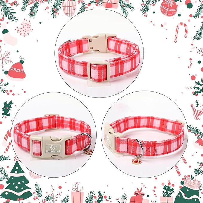 Plaid Dog Collar - Cute Red and Pink Plaid Puppy Collar with Safety Buckle, Soft Adjustable Holiday Dog Collars for Small Medium Large Dogs S