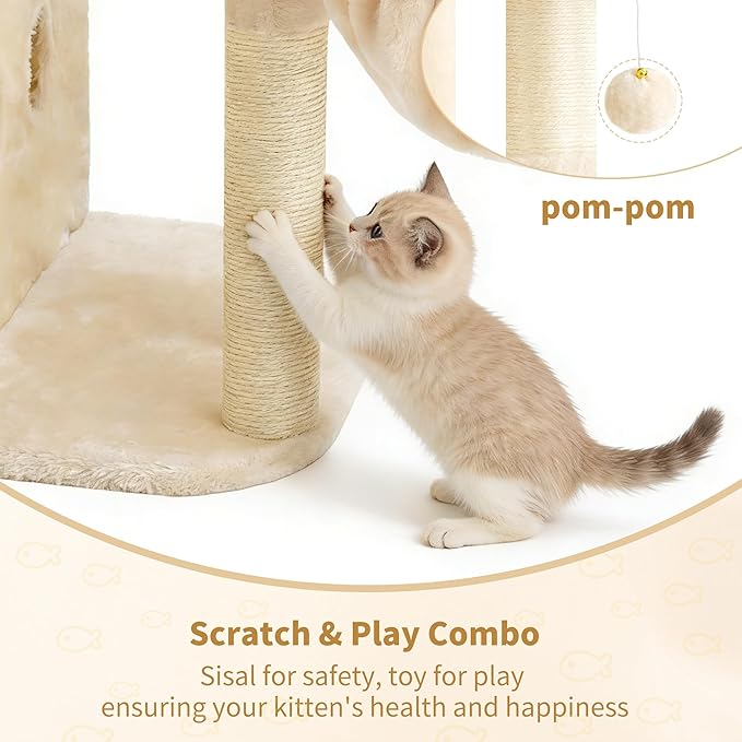 Heybly Cat Tree, 25.6-inch Cat Tower with Spacious Top Perch for Large Cats, Stair-Style Cat House Furniture with Dual-Layer Condos, Sisal Scratching Posts, Cozy Basket & Pompom, Beige HCT204SM