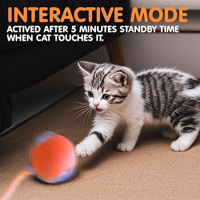 Rocfish Interactive Cat Toy for Indoor Cat, Smart Automatic Cat Chase Ball Toy (Orange-N)