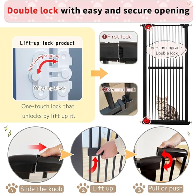 Lumizone Extra Tall Cat Gate 61.02" High Pressure Mounted Extra Wide 38.39"-59.24" (17Sizes) 1.37" Gap No Drilling Auto-Close Tall Pet Gate for Dogs (Black, 30.12"-59.24" W)