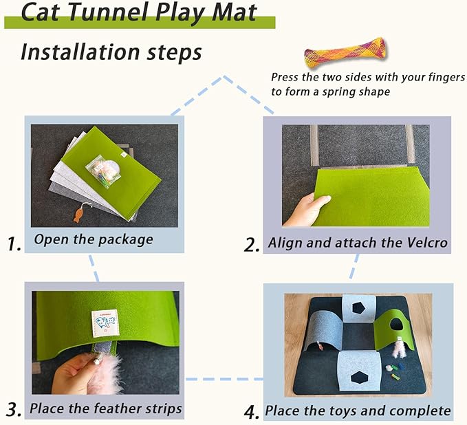 Interactive Cat Tunnel Toys for Indoor Cats,4-Way Felt Cat Tunnel Play Mat with Feathers & Bell 6 Pcs Cats Enrichment Toys Set Foldable Kittens Cave Hideout for Pet Hide & Seek (Dark Gray)