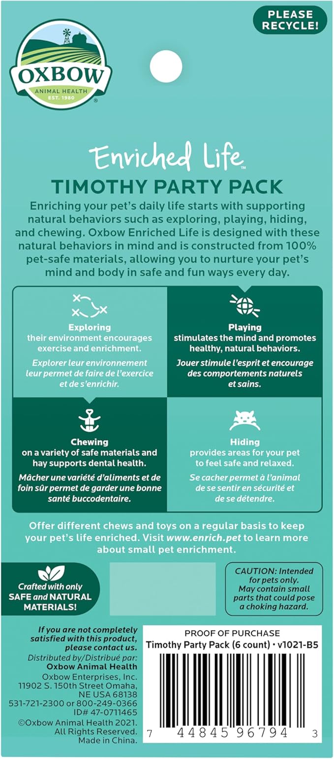 Oxbow Enriched Life Timothy Party Pack – Rabbit and Guinea Pig Toys, Chinchilla and Hamster Enrichment, Small Pet Accessories for Cages, Bunny Chew Toys Made with Timothy Hay, 6 Piece Variety Set
