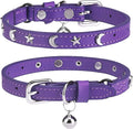 Leather Cat Collars for Boy Girl Cats with Bell and Safety Elastic Belt, Personalized Star and Moon Stud Adjustable Safe Buckle Collar for Kitty Small Big Cats Size 7-9 Inch, Purple