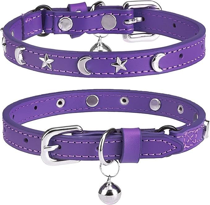 Leather Cat Collars for Boy Girl Cats with Bell and Safety Elastic Belt, Personalized Star and Moon Stud Adjustable Safe Buckle Collar for Kitty Small Big Cats Size 8-12 Inch, Purple