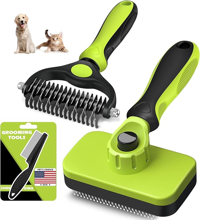 3PCS Self Cleaning Slicker Brush & Pet Grooming Rake & Flea Comb for Dogs,Cats and Horses | Double-Sided Dematting Comb & Skin Friendly Deshedding Grooming Tool (J-Green Black)
