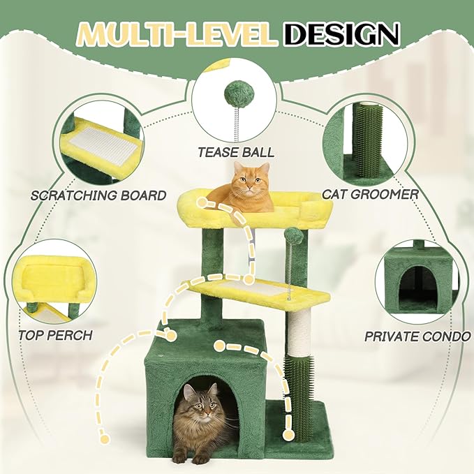 VINGLI Cat Tree, 27 inch Small Cat Tower with Scratching Post and Pad, Cat Condo for Indoor Kittens Padded Top Bed, Cats Indoor Activity Center (Yellow & Green)