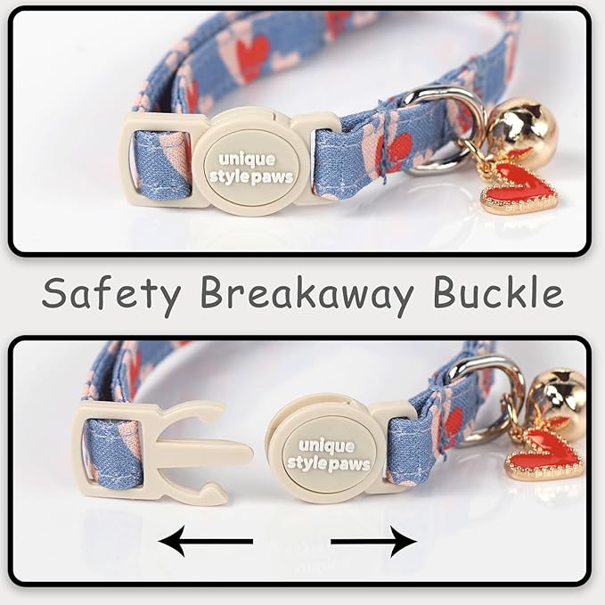 Unique style paws 2 Pack Valentine's Kitten Collar Breakaway with Bell&Pendant, Adjustable Safety Red Lip Rainbow Cat Cotton Collar for Girl Boy Cat and Small Pet