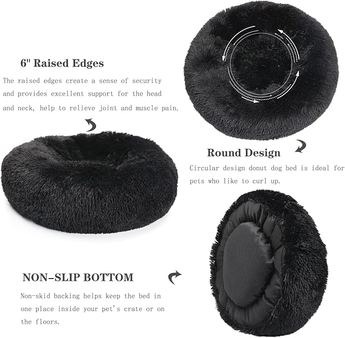Calming Donut Dogs Beds for Small Dogs Washable,23inch Plush Round Pet Bed for Cozy Sleep,Fluffy Faux Fur Large Cat Bed,Fits up to 25 lbs Pets,Black